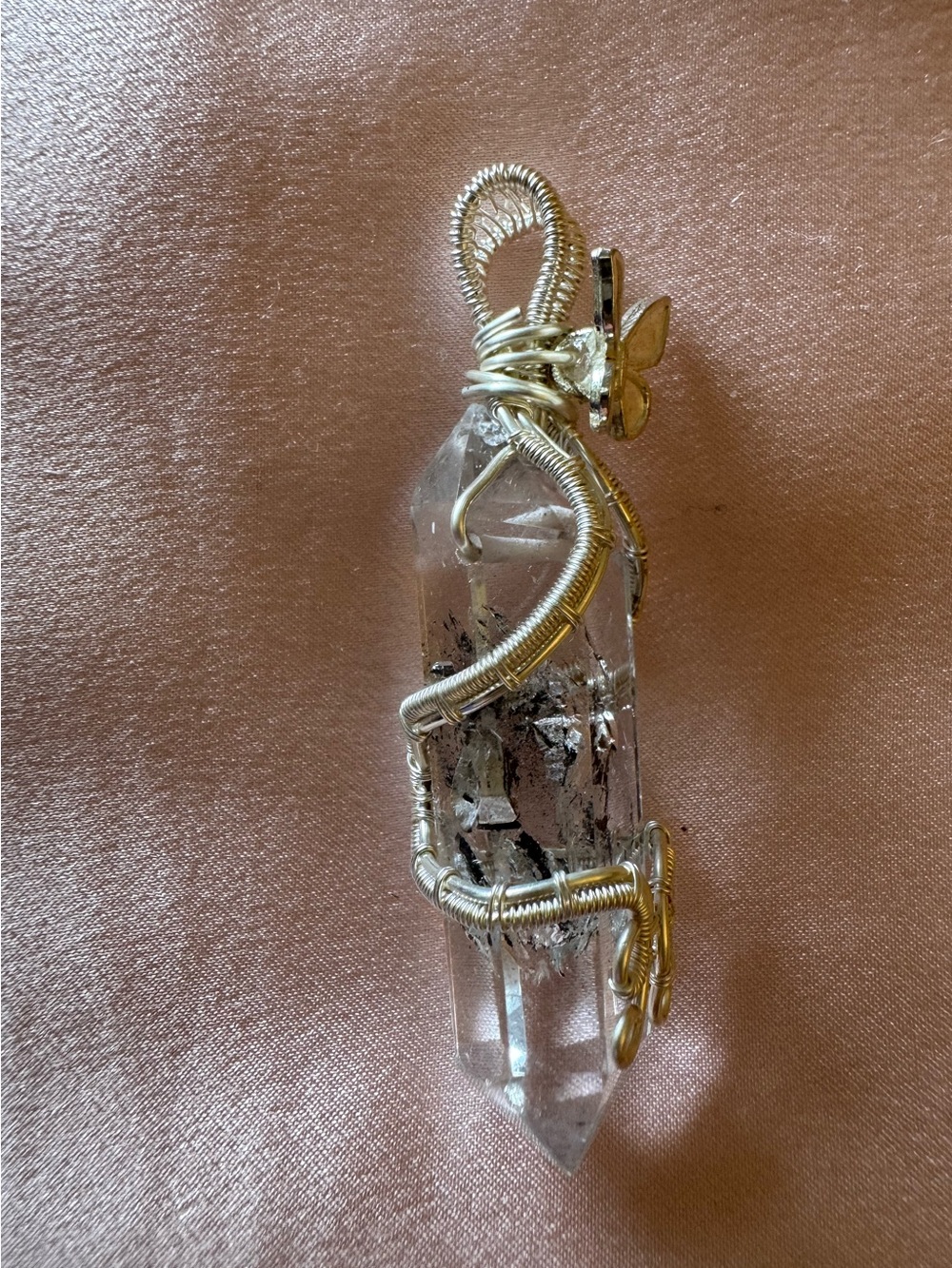 Wire wrapped herkimer diamond crystal pendant quartz manifestation butterfly - Picture 5 of 8